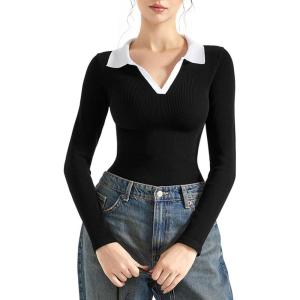 imageSUUKSESS Women Long Sleeve Ribbed V Neck Polo Shirts Collared Business Casual Slim Fitted Tops for Office WorkBlack1