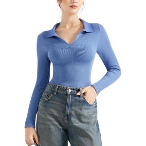 imageSUUKSESS Women Long Sleeve Ribbed V Neck Polo Shirts Collared Business Casual Slim Fitted Tops for Office WorkBlue