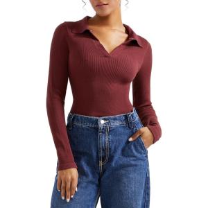 imageSUUKSESS Women Long Sleeve Ribbed V Neck Polo Shirts Collared Business Casual Slim Fitted Tops for Office WorkCrimson