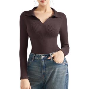 imageSUUKSESS Women Long Sleeve Ribbed V Neck Polo Shirts Collared Business Casual Slim Fitted Tops for Office WorkDark Brown