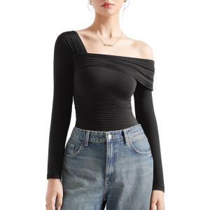 imageSUUKSESS Women One Off The Shoulder Winter Tank Tops Ruched Long Sleeve Shirts2 Black