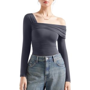 imageSUUKSESS Women One Off The Shoulder Winter Tank Tops Ruched Long Sleeve Shirts2 Grey