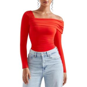 imageSUUKSESS Women One Off The Shoulder Winter Tank Tops Ruched Long Sleeve Shirts2 Red