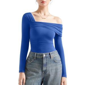 imageSUUKSESS Women One Off The Shoulder Winter Tank Tops Ruched Long Sleeve Shirts2 Sapphire