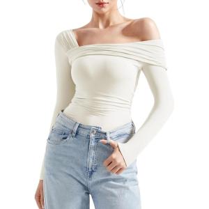 imageSUUKSESS Women One Off The Shoulder Winter Tank Tops Ruched Long Sleeve Shirts2 White