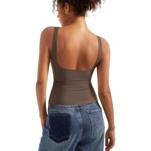 imageSUUKSESS Women Padded Open Back Boat Neck Tank Tops Double Lined Basic ShirtsBrown