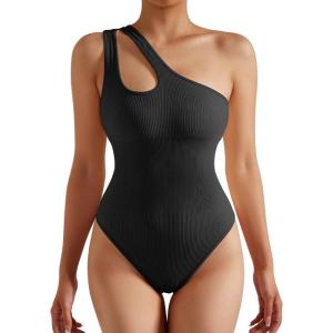 imageSUUKSESS Women Ribbed Bodysuit Sexy One Shoulder Sleeveless Padded Tank Top