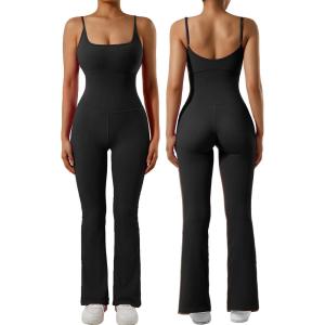 imageSUUKSESS Women Ribbed Flare One Piece Jumpsuits Seamless Padded Sexy Jumpsuit1 Black 30