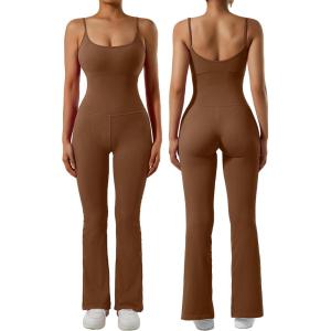 imageSUUKSESS Women Ribbed Flare One Piece Jumpsuits Seamless Padded Sexy Jumpsuit1 Brown 30