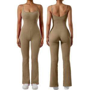 imageSUUKSESS Women Ribbed Flare One Piece Jumpsuits Seamless Padded Sexy Jumpsuit1 Dark Coffee 30
