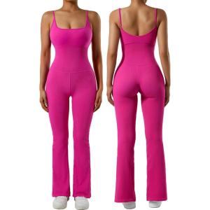 imageSUUKSESS Women Ribbed Flare One Piece Jumpsuits Seamless Padded Sexy Jumpsuit1 Hot Pink 30