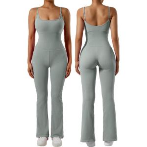 imageSUUKSESS Women Ribbed Flare One Piece Jumpsuits Seamless Padded Sexy Jumpsuit1 Light Grey 30