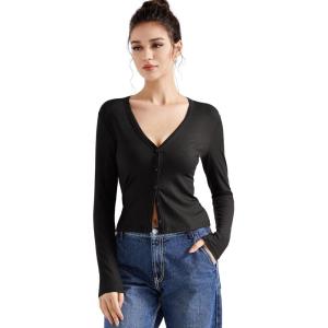 imageSUUKSESS Women Ribbed Lightweight Cardigan V Neck Button Up Long Sleeve Cropped Modal TopsBlack