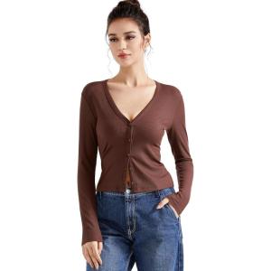 imageSUUKSESS Women Ribbed Lightweight Cardigan V Neck Button Up Long Sleeve Cropped Modal TopsDark Brown