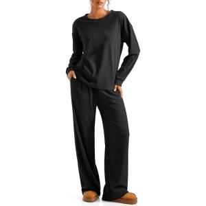 imageSUUKSESS Women Ribbed Lounge Sets Long Sleeve Pajama Two Piece Sets with PocketsBlack