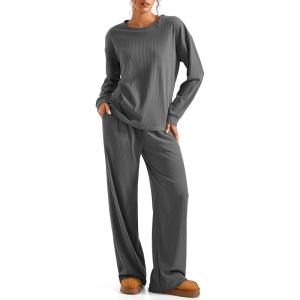 imageSUUKSESS Women Ribbed Lounge Sets Long Sleeve Pajama Two Piece Sets with PocketsGrey