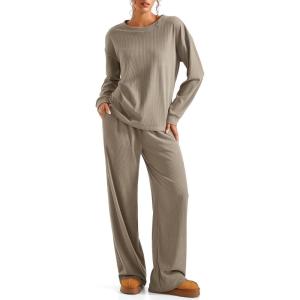 imageSUUKSESS Women Ribbed Lounge Sets Long Sleeve Pajama Two Piece Sets with PocketsKhaki