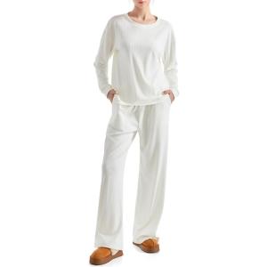 imageSUUKSESS Women Ribbed Lounge Sets Long Sleeve Pajama Two Piece Sets with PocketsWhite