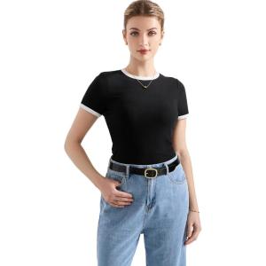 imageSUUKSESS Women Ribbed Striped Short Sleeve Slim Fit Tops Summer Crew Neck Color Block Going Out T ShirtBlack