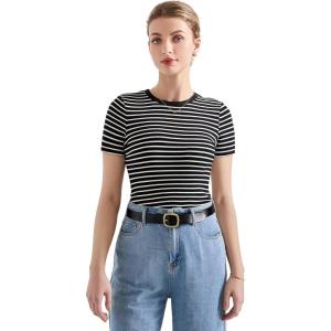 imageSUUKSESS Women Ribbed Striped Short Sleeve Slim Fit Tops Summer Crew Neck Color Block Going Out T ShirtBlack Stripe
