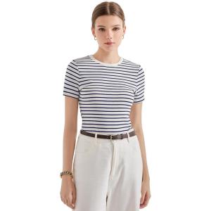 imageSUUKSESS Women Ribbed Striped Short Sleeve Slim Fit Tops Summer Crew Neck Color Block Going Out T ShirtBlue Stripe