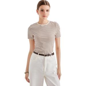 imageSUUKSESS Women Ribbed Striped Short Sleeve Slim Fit Tops Summer Crew Neck Color Block Going Out T ShirtBrown Stripe