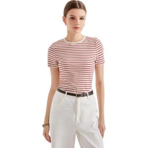 imageSUUKSESS Women Ribbed Striped Short Sleeve Slim Fit Tops Summer Crew Neck Color Block Going Out T ShirtRed Stripe