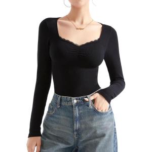 imageSUUKSESS Women Sweetheart V Neck Long Sleeve Tops Lace Trim Ribbed Modal Fall Going Out ShirtsBlack