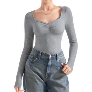 imageSUUKSESS Women Sweetheart V Neck Long Sleeve Tops Lace Trim Ribbed Modal Fall Going Out ShirtsDark Gray