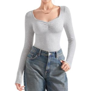 imageSUUKSESS Women Sweetheart V Neck Long Sleeve Tops Lace Trim Ribbed Modal Fall Going Out ShirtsGray