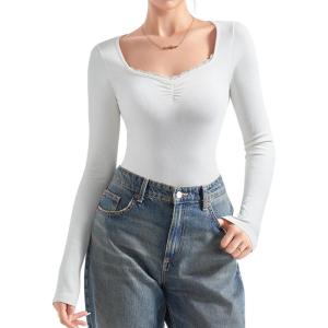 imageSUUKSESS Women Sweetheart V Neck Long Sleeve Tops Lace Trim Ribbed Modal Fall Going Out ShirtsWhite