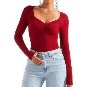 imageSUUKSESS Women Sweetheart V Neck Long Sleeve Tops Lace Trim Ribbed Modal Fall Going Out ShirtsWine Red
