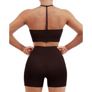 imageSUUKSESS Women Y Back Sports Bra Crossover Biker Shorts Seamless Ribbed Workout Set1 Dark Brown