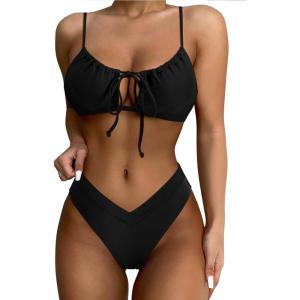 imageSUUKSESS Women High Waisted String Bikini Sets Sexy Two Piece Cutout SwimsuitsBlack