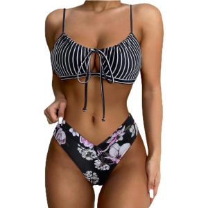 imageSUUKSESS Women High Waisted String Bikini Sets Sexy Two Piece Cutout SwimsuitsBlack Floral White Striped