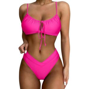 imageSUUKSESS Women High Waisted String Bikini Sets Sexy Two Piece Cutout SwimsuitsHot Pink