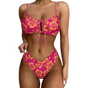 imageSUUKSESS Women High Waisted String Bikini Sets Sexy Two Piece Cutout SwimsuitsPink Yellow Floral