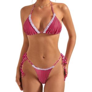 imageSUUKSESS Women Ruffle Thong Bikini Sets Halter String Triangle 2 Piece Swimsuit102 Red White Polka Dots
