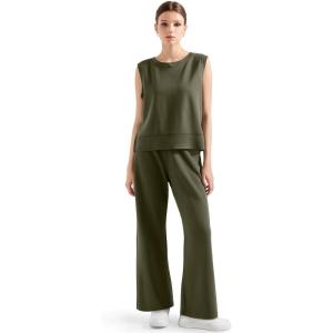 imageSUUKSESS Women 2 Piece Lounge Matching Sets Wide Leg Sweatpants Sleeveless TopsArmy Green