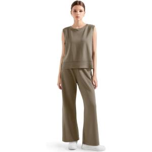 imageSUUKSESS Women 2 Piece Lounge Matching Sets Wide Leg Sweatpants Sleeveless TopsKhaki