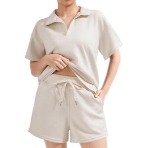 imageSUUKSESS Women 2 Piece Modal Lounge Sets V Neck Tops Drawstring Shorts OutfitsApricot