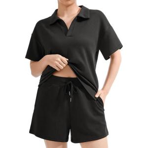 imageSUUKSESS Women 2 Piece Modal Lounge Sets V Neck Tops Drawstring Shorts OutfitsBlack