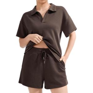 imageSUUKSESS Women 2 Piece Modal Lounge Sets V Neck Tops Drawstring Shorts OutfitsDark Coffee