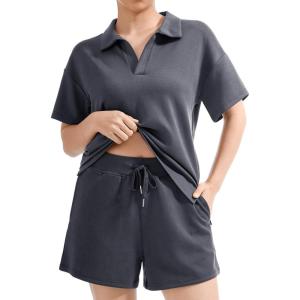 imageSUUKSESS Women 2 Piece Modal Lounge Sets V Neck Tops Drawstring Shorts OutfitsDark Storm