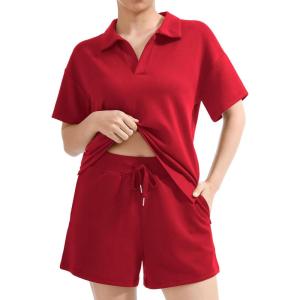 imageSUUKSESS Women 2 Piece Modal Lounge Sets V Neck Tops Drawstring Shorts OutfitsRed