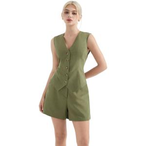 imageSUUKSESS Womens Summer 2 Piece Sets Button Down V Neck Vest Waistcoat and Pockets Shorts SetsArmy Green