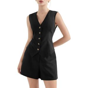 imageSUUKSESS Womens Summer 2 Piece Sets Button Down V Neck Vest Waistcoat and Pockets Shorts SetsBlack