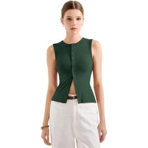 imageSUUKSESS Women Button Down Going Out Trendy Tops Ribbed Sexy Vest Y2K Tank TopsDeep Green