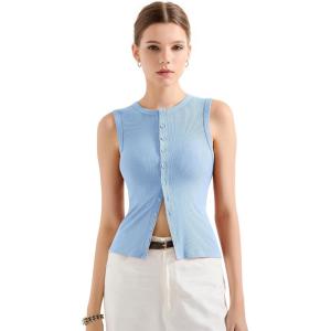imageSUUKSESS Women Button Down Going Out Trendy Tops Ribbed Sexy Vest Y2K Tank TopsLight Blue