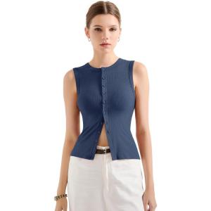 imageSUUKSESS Women Button Down Going Out Trendy Tops Ribbed Sexy Vest Y2K Tank TopsNavy Blue